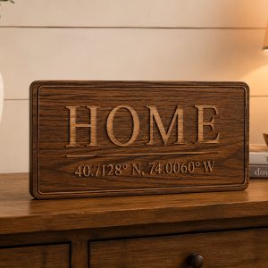 Wooden home coordinates keepsake plaque displayed on a console table