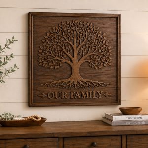 Detailed wooden family tree wall plaque displayed above a console table