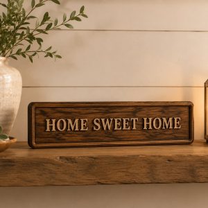 Home Sweet Home wooden shelf sign styled with a vase and candle lantern