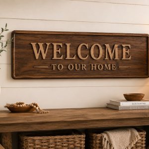 Wooden Welcome to Our Home entry sign in a rustic farmhouse entryway